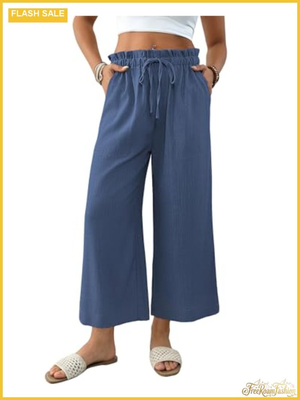 Cropped Linen Wide Leg Palazzo Pants High Waist Drawstring Pockets